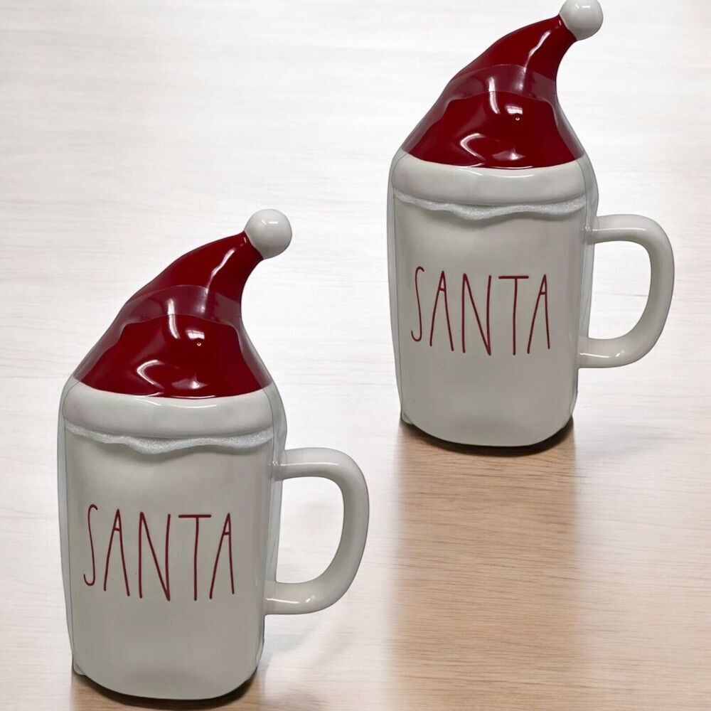 2 Rae Dunn Holiday Christmas‎ “Santa” Mug With Red Hat Topper LL Elf Novelty Tea